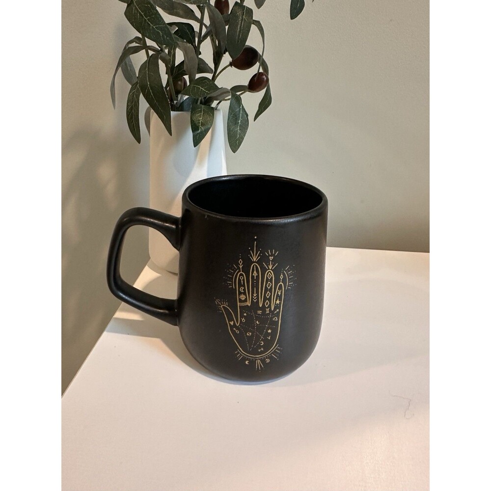 Prima Design Corinne Lent Palmistry Mug Matte Black Gold Celestial Hamsa 18oz